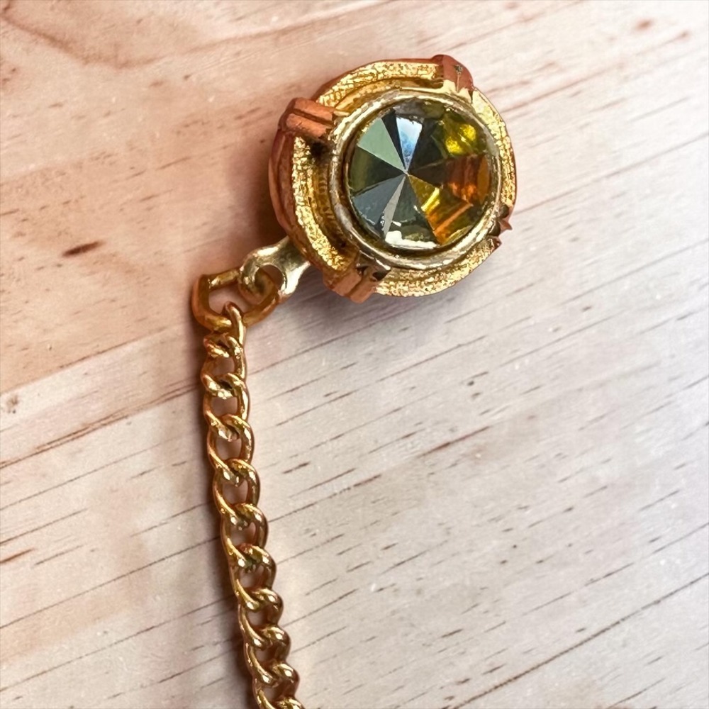 Vintage Swank Tie Tac Men Gold‎ Tone w/AB Rhinestone Round Pin Chain Bar